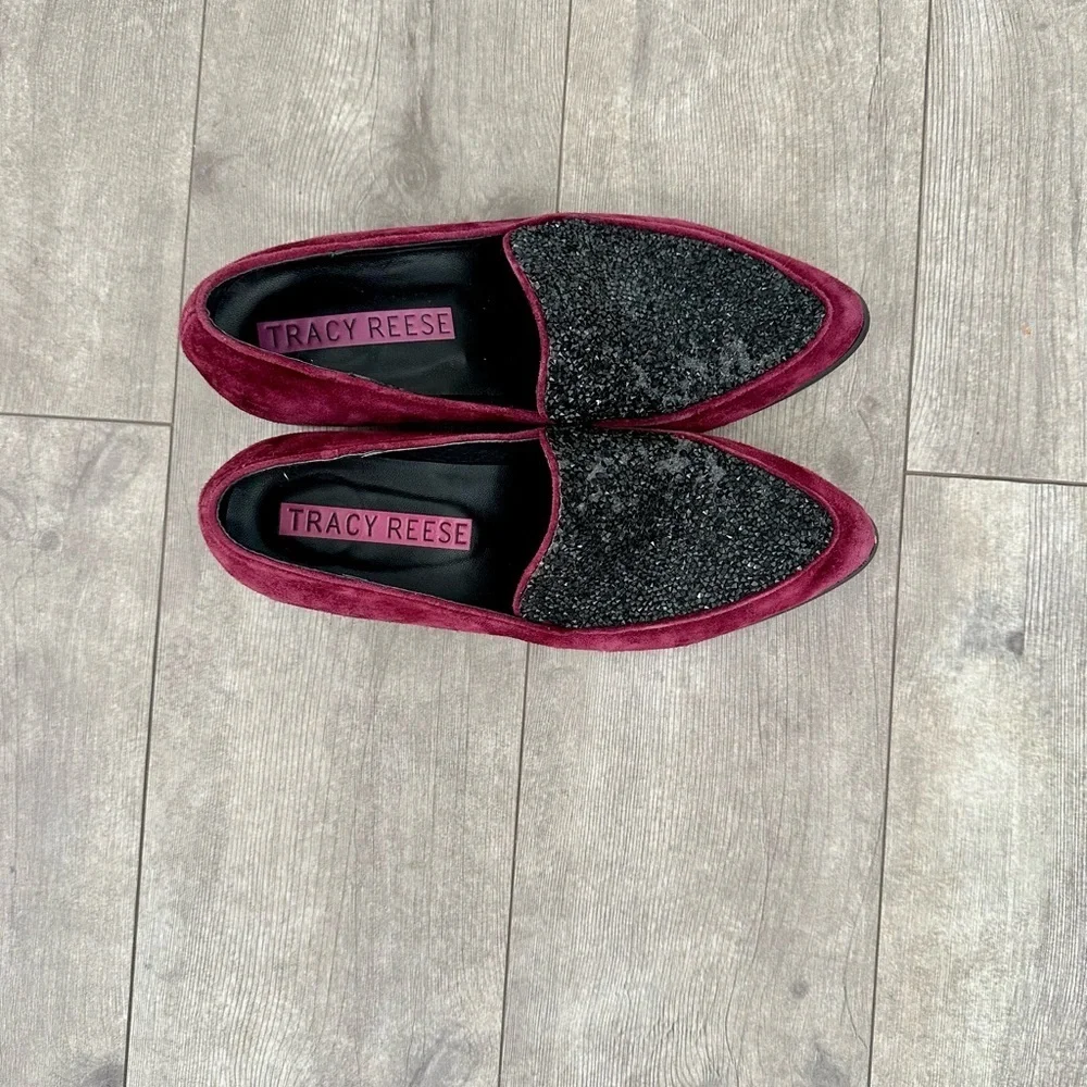 Tracy Reese Womens Size 8.5 Burgundy Suede Glitter Jewel Front Loafers